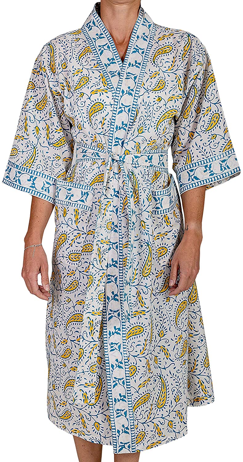 Price:$57.99 Indian Cotton's Luxury Kimono Robes for Women - Lightweight 100% Cotton Kimono Robes - Printed Floral Paisley (Blue) at Amazon Women’s Clothing store