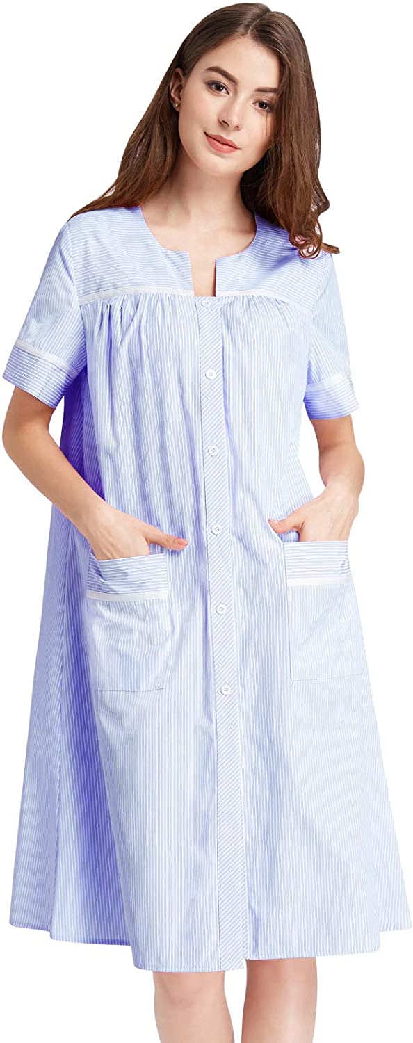 Price:$6.99 Zexxxy Womens Short Nightgown Button Down Duster Robe Striped House Dress with Pockets at Amazon Women’s Clothing store