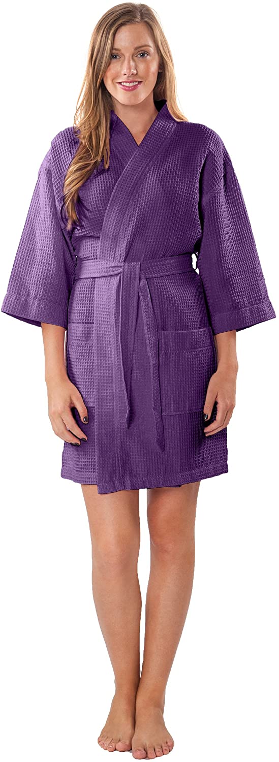 Price:$25.99 Turquaz Linen Personalized Embroidered Lightweight Knee Length Waffle Kimono Bridesmaids Spa Robe Purple at Amazon Women’s Clothing store