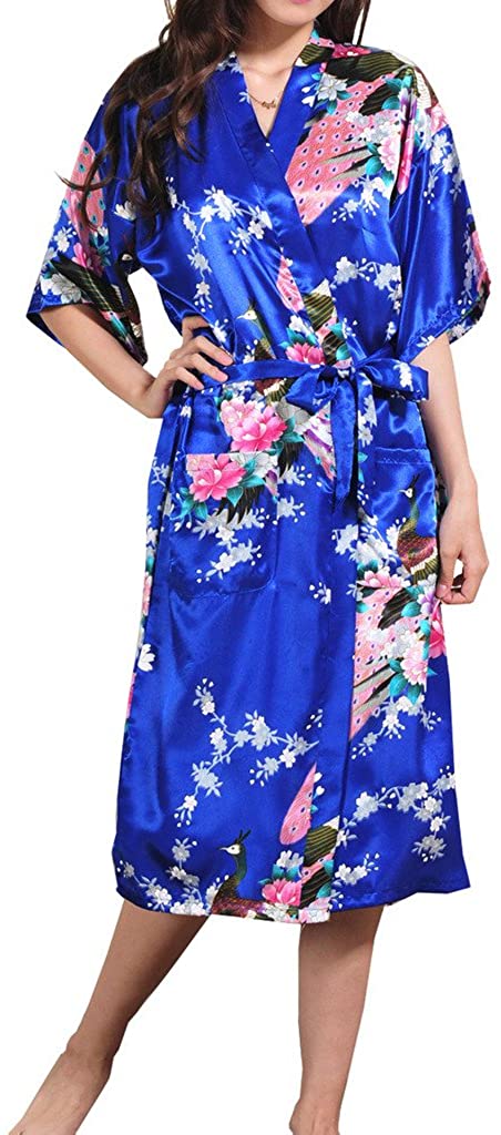 Price:$14.99 Asherbaby Women's Peacock Printed Kimono Long Bridesmaid Robes Satin Bathrobe at Amazon Women’s Clothing store