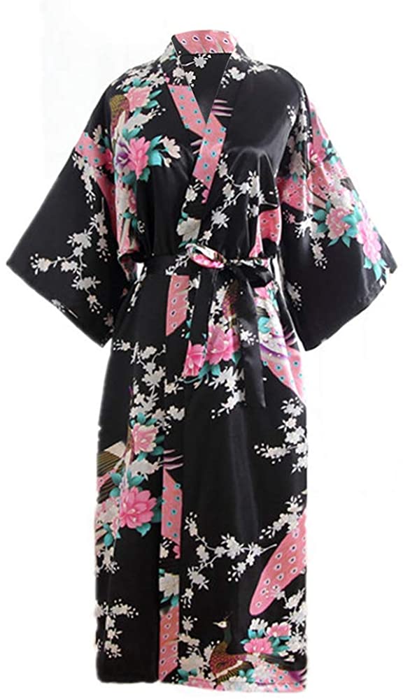 Price:$13.99 ANIAC Women Kimono Robe Long Nightgown Stain Peacock Wedding Bridesmaid Dressing Gown Bridal (Black) at Amazon Women’s Clothing store