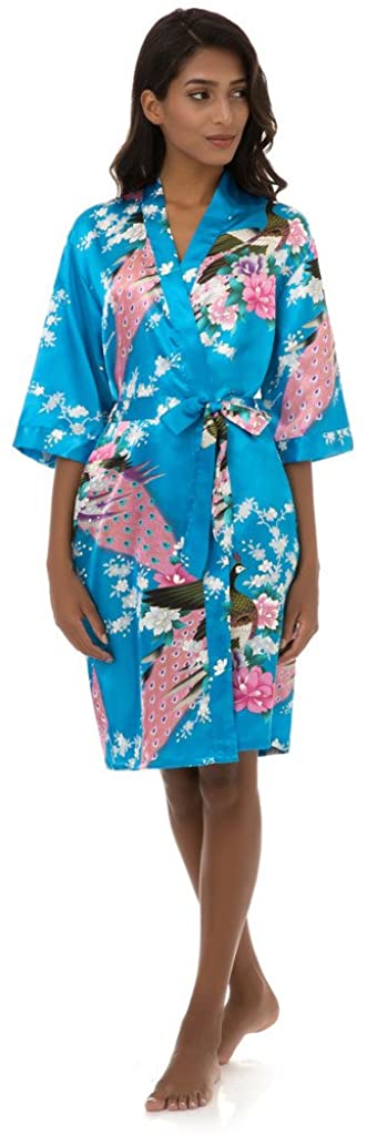Price:$19.99 Dingwangyang Women's Peacock Print Half Sleeve Silk Kimono Bridesmaid Robe Nightgown at Amazon Women’s Clothing store