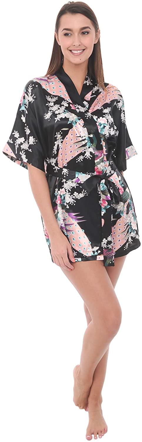 Price:$21.99 Del Rossa Womens Flowers and Peacock Satin Robe, Short Dressing Gown at Amazon Women’s Clothing store
