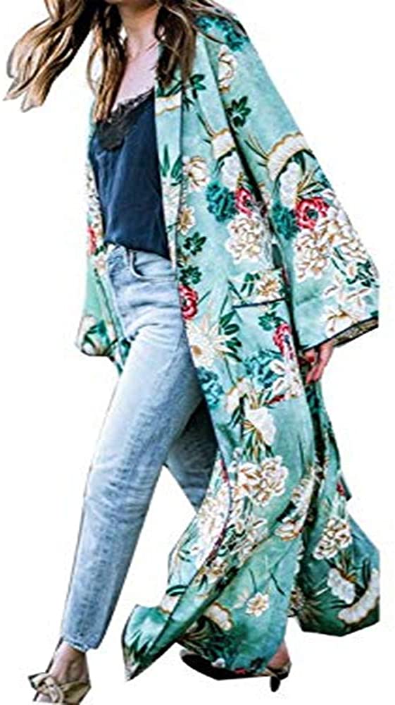 Price:$11.14 Women's Kimono Robe Long Watercolor Floral Print Kimono Imitation Silk Long Style Cardigan Shawl at Amazon Women’s Clothing store