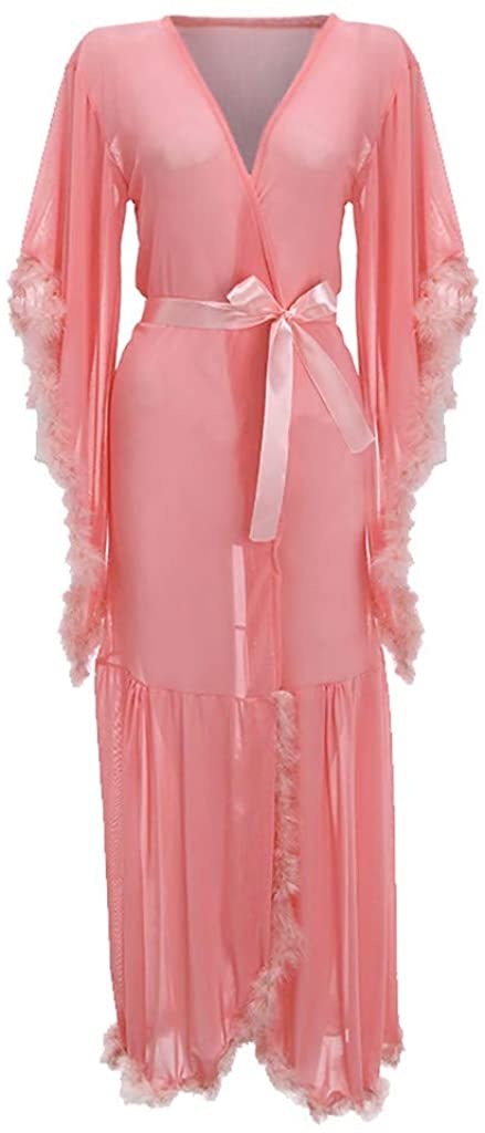 Price:$14.79 Swyss Sexy Long Lingerie Kimono Robe Bathrobe Sleepwear Feather Bridal Robe Wedding Mesh Nightgown with Belt(Orange, ) at Amazon Women’s Clothing store
