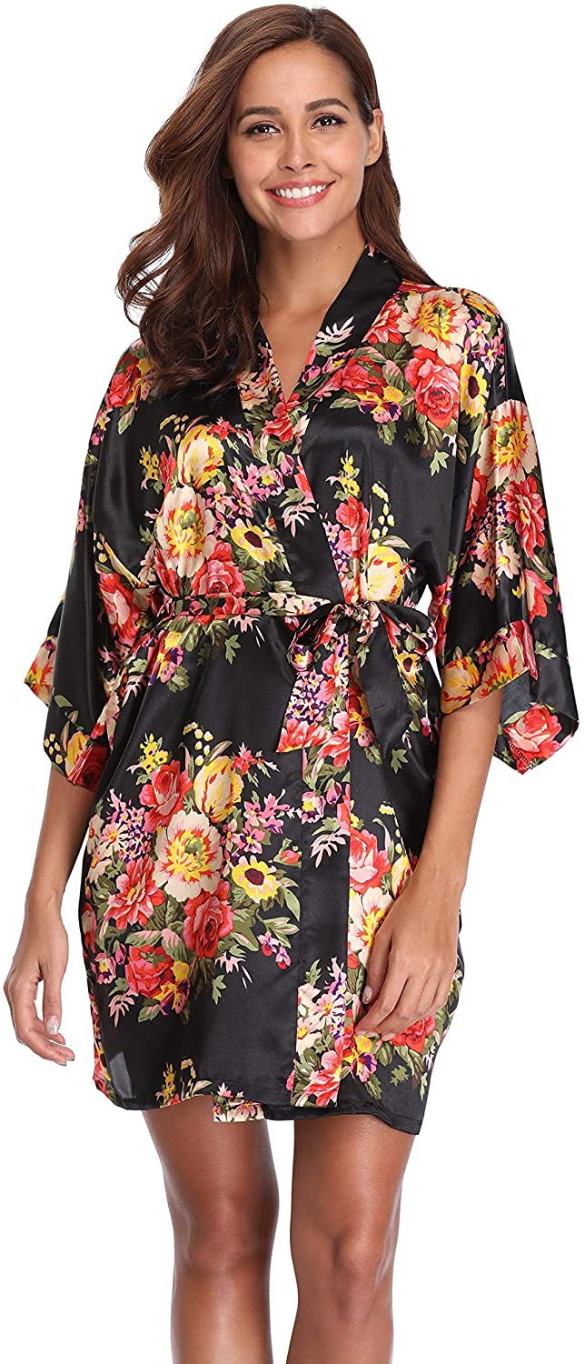 Price:$10.99 Women's Short Kimono Robe Pure Color Silky Bathrobe Floral Bridal Party Dressing Gown Black at Amazon Women’s Clothing store