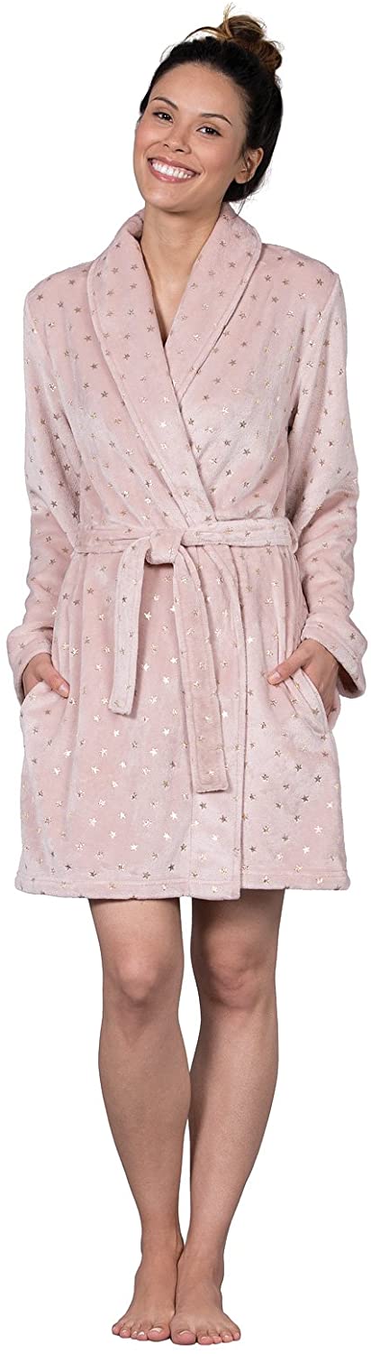 Price:$29.99 PajamaGram Ultra-Soft Star Dust Short Wrap Robe for Women, Pink, LRG at Amazon Women’s Clothing store