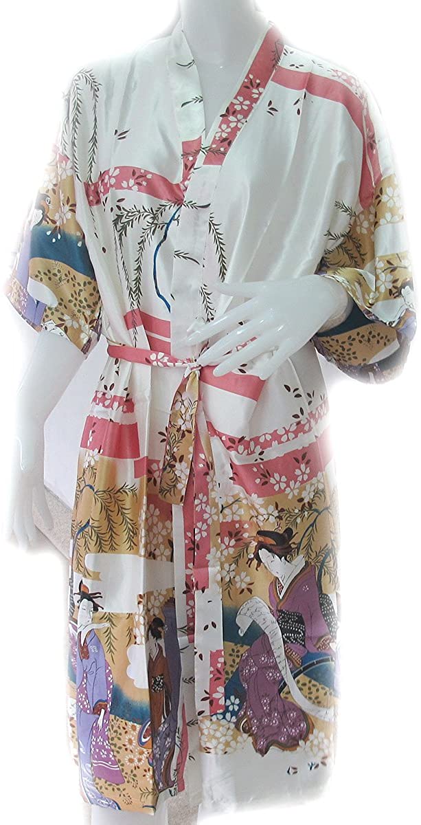 Price:$22.75 100% Thai Silk Robe- Japanese Geisha Design- Pure Ivory Color at Amazon Women’s Clothing store  Bathrobes