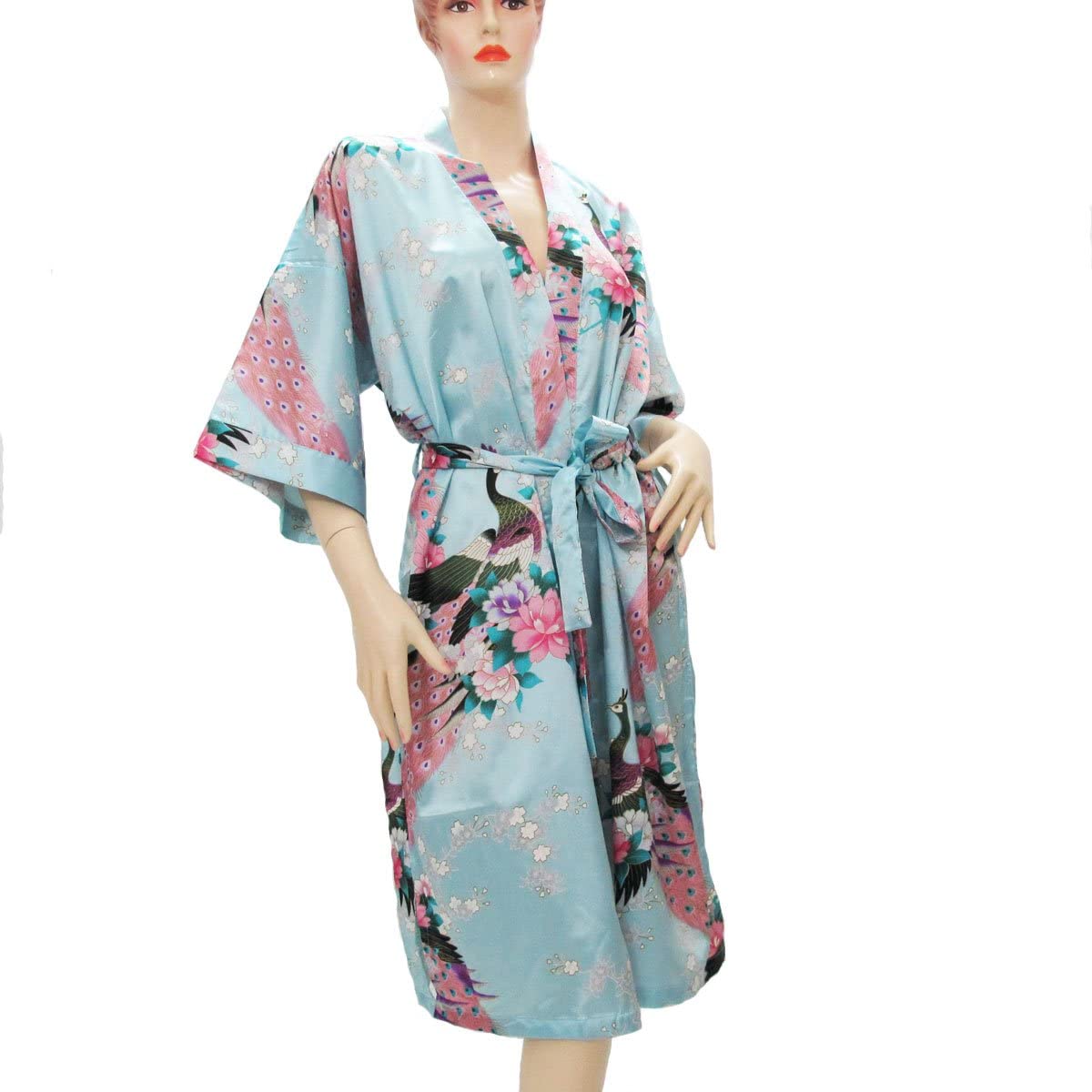 Price:$19.77 100% Thai Silk Robe- Asian Peacock Design- Soft Sky Blue Color at Amazon Women’s Clothing store  Bathrobes