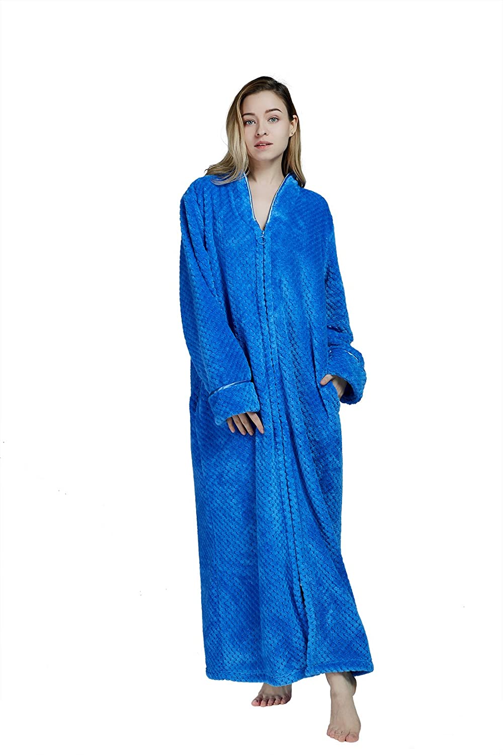 Price:$38.96 Flannel Long Sleeve Nightgowns Full Length Bathrobes Plush Fleece Long Robe for Women with Zipper (Blue, L) at Amazon Women’s Clothing store