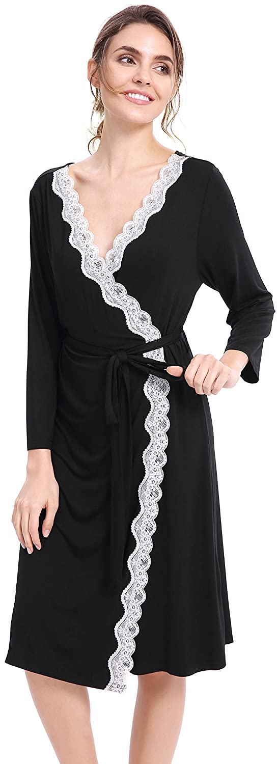 Price:$32.99 Felusema Women’s Robe, Cotton Bathrobe Loungewear, Lace Trim Soft Sleepwear, V-Neck Ladies Nightwear at Amazon Women’s Clothing store