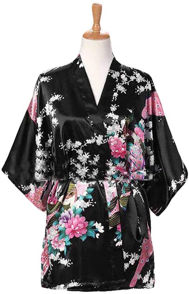 Price:$21.77    Panda Legends Black - Short Women's Pajamas Silk-Like Bathrobe Kimono Robe Peacock/Blossoms  Clothing