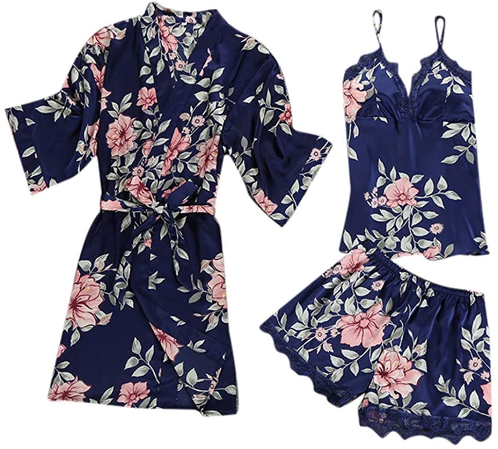 Price:$20.92 CofeeMO Three-Piece Floral Printed Women's Satin Pajamas Suits, Lace Summer Strappy Kimono Bathrobe Sleep Dress Pants at Amazon Women’s Clothing store