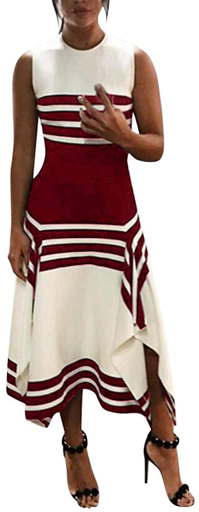 Price:$4.69 Dress for Women Elegant Stripe Print Sleeveless Casual Dress Round Neck Vestido Midi Party Dresses Black White at Amazon Women’s Clothing store