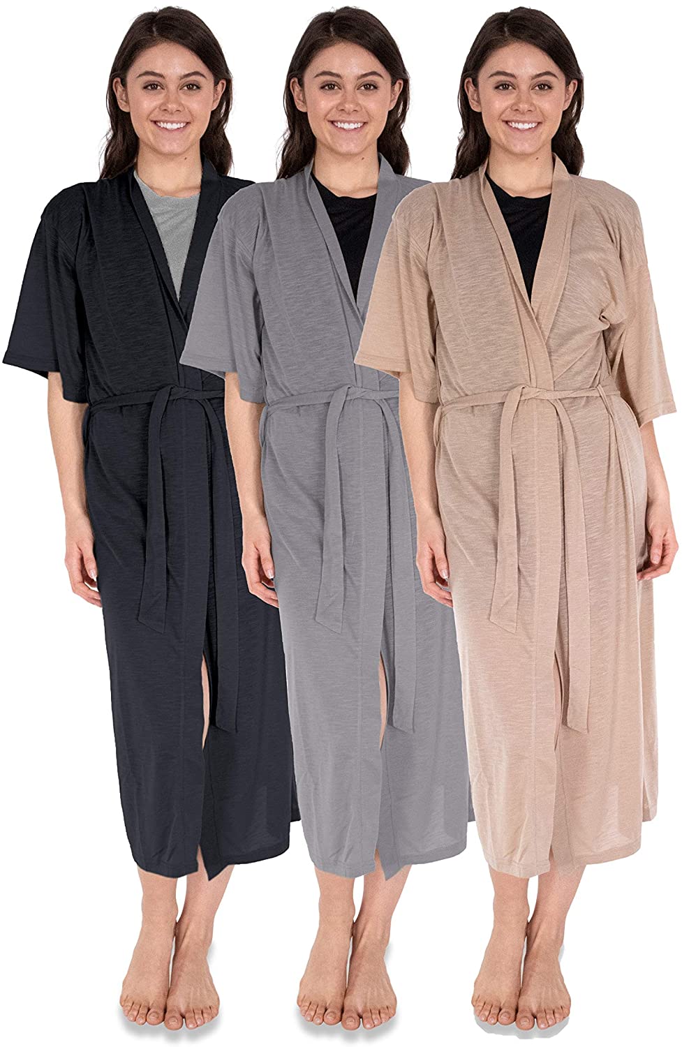 Price:$27.99 Sexy Basics Womens 3 Pack Soft Robes/Long Bathrobes/Silky Soft Semi-Sheer Kimono Spa Robe Wrap (3 Pack - Black/Khaki/Grey, XL) at Amazon Women’s Clothing store