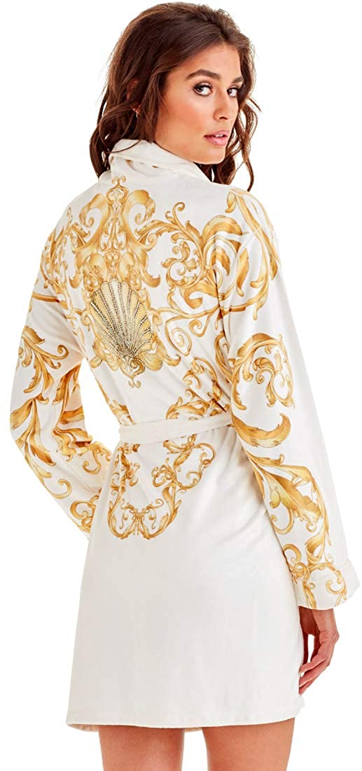 Price:$209.99 Wrap Up by VP Baroque Cream Gold Tones Microfiber Short Robe at Amazon Women’s Clothing store