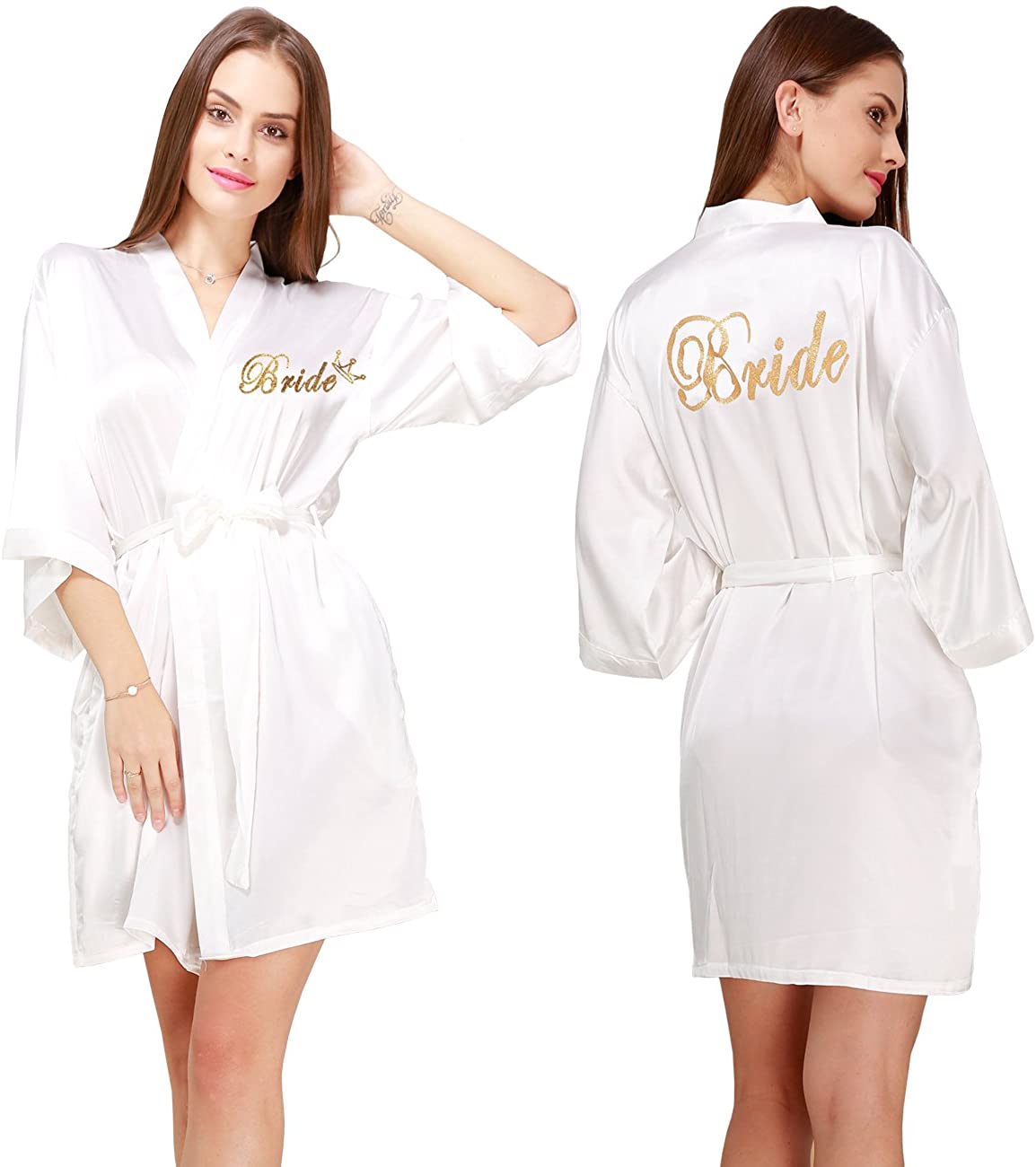 Price:$22.89 Women Kimono Wedding Bridal Robes with DIY Gold Glitter for Maid of Honor Bride Chest hot Words at Amazon Women’s Clothing store