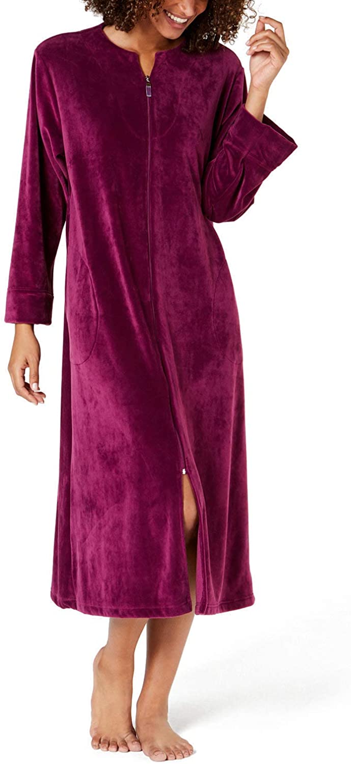 Price:$78.00 Miss Elaine Women's Long Brocade Micro Fleece Robe - with Long Sleeves, Breakaway Zipper, and a Round Neckline Wine at Amazon Women’s Clothing store