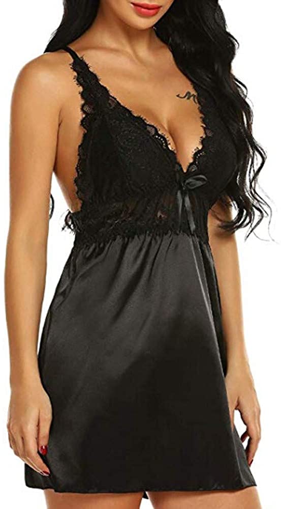 Price:$3.90 Smallrabbit Women Silk Lingerie Sexy Nightgown Satin Chemise Lingerie Lace Babydoll Nightie (S=Bust 26.8-31.5'', Black) at Amazon Women’s Clothing store