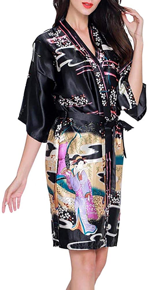 Price:$14.99 Women's Short Kimono Robe Pagoda Print Satin Nightwear Japanese Beauty Geisha Pattern Bathrobe Dressing Gown (Black, Asian L) at Amazon Women’s Clothing store