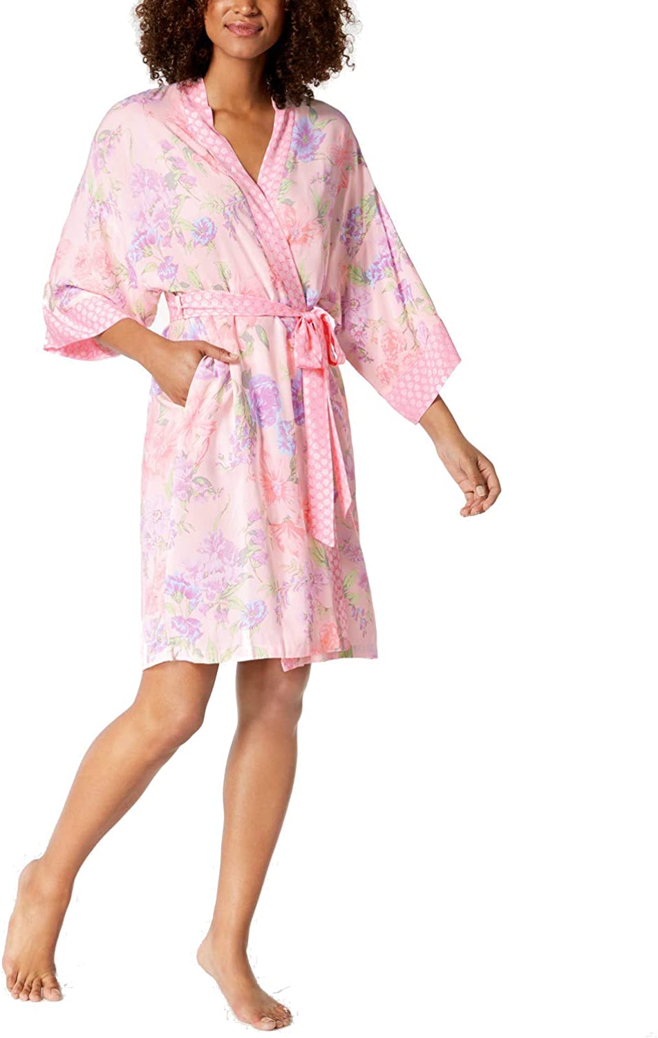 Price:$29.99 Miss Elaine Rayon Printed Short Wrap Robe, Pink Floral Small at Amazon Women’s Clothing store