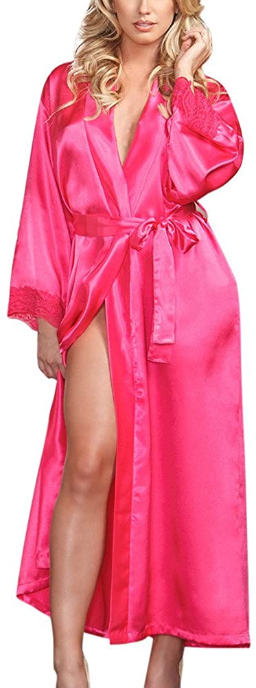 Price:$0.99 GREFER Lightweight Long Bathrobe Summer Kimono Nightgown Babydoll Lace Lingerie Bath Robe Hot Pink at Amazon Women’s Clothing store