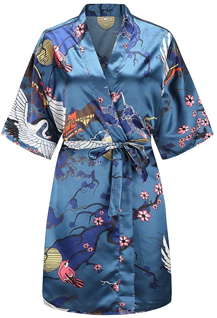Price:$10.99 Women's Floral Satin Kimono V Neck Silky Knee Length Belted Bridesmaid Robe for Bridal Party at Amazon Women’s Clothing store