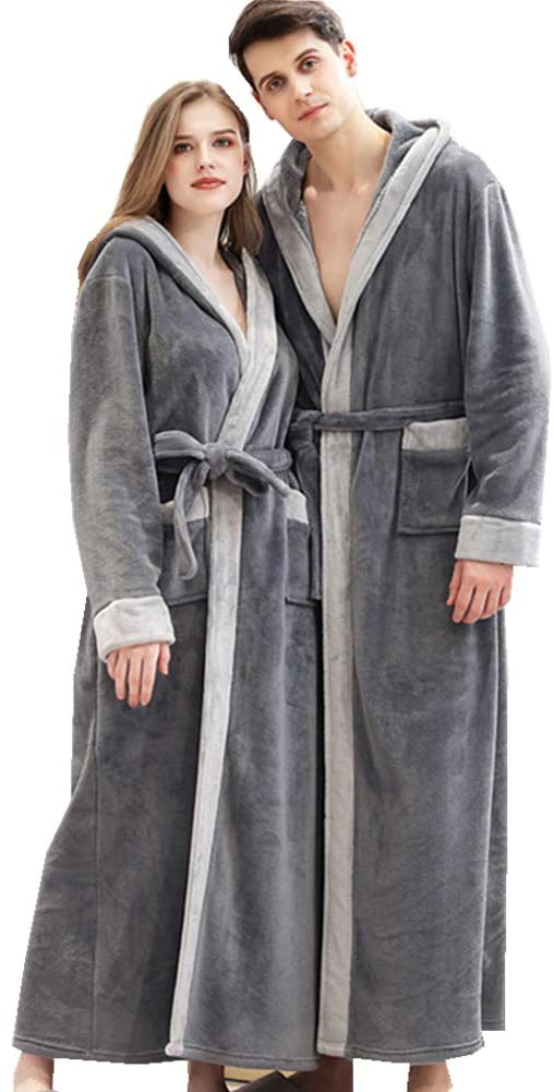 Price:$27.99    KKING Men's Women's Full Length Bathrobe Fleece Soft Dressing Gown Couple Hooded and Shawl Collar Towel Bath Wrap (Dark Grey, M)  Clothing