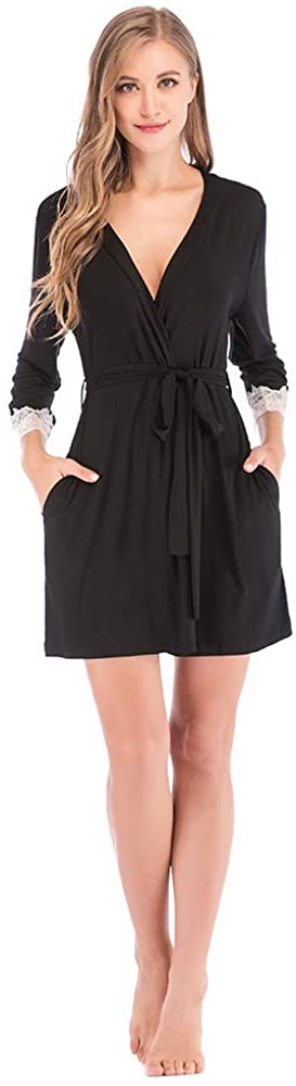 Price:$22.99 Women's Short Wrap Robe Sleepwear Nightwear Nightgowns Soft Kimono Warm Cotton Spa Knit Bathrobe with Waist Tie H0031Black-XXL at Amazon Women’s Clothing store