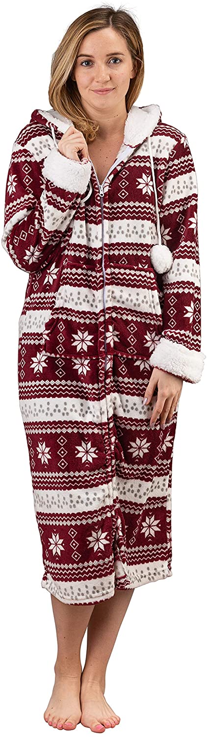 Price:$49.90 Trail Crest Women’s Soft Fleece Zip Up Lounge Robe, Full Length, Hoodie Sleepwear Burgundy at Amazon Women’s Clothing store