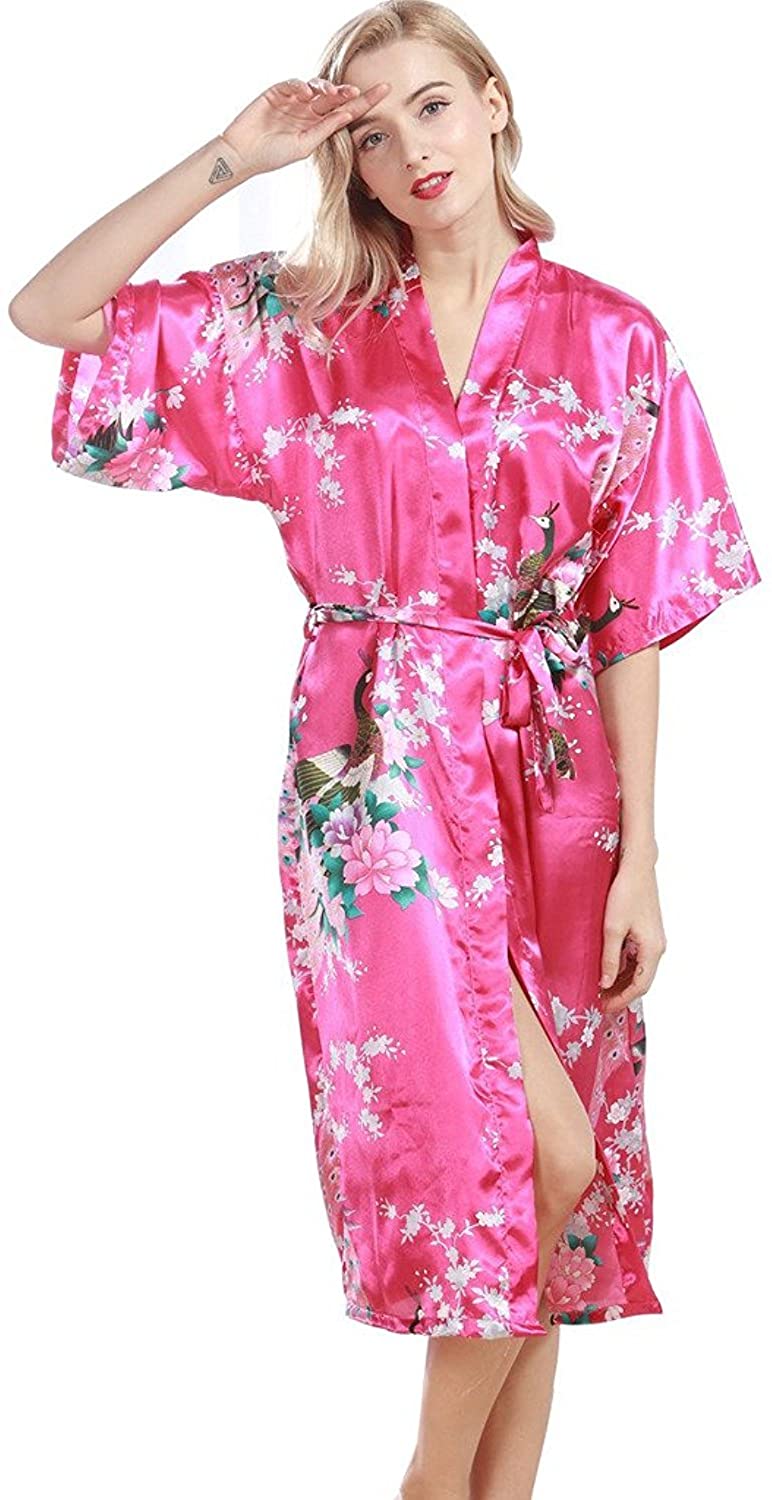 Price:$11.99 Lihuang Women Kimono Silk Robe Peacock Sleepwear Print Satin Long Bathrobe Plus Size S-3XL at Amazon Women’s Clothing store