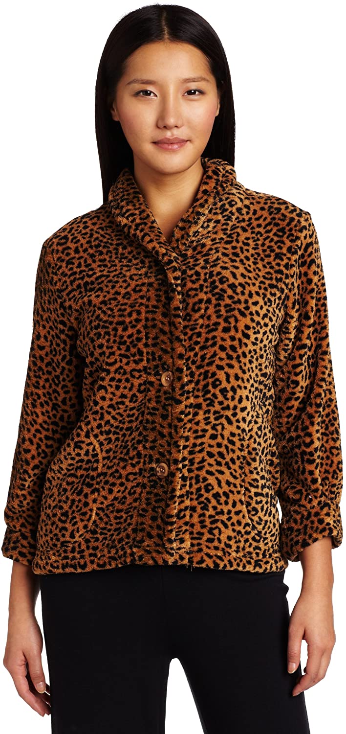 Price:$28.00 Casual Moments Women's 28 Inch Button Front Jacket, Leopard, Small at Amazon Women’s Clothing store  Bathrobes