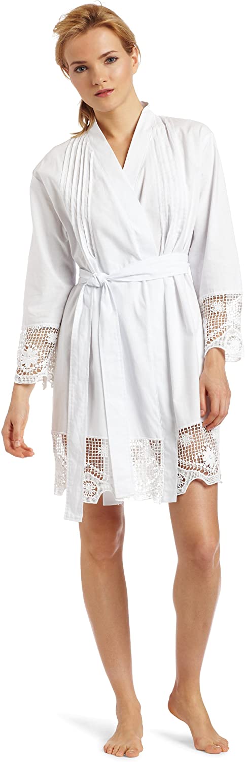 Price:$48.51 Casual Moments Women's 36" Kimono Wrap Lace Trim, White, Medium at Amazon Women’s Clothing store  Bathrobes