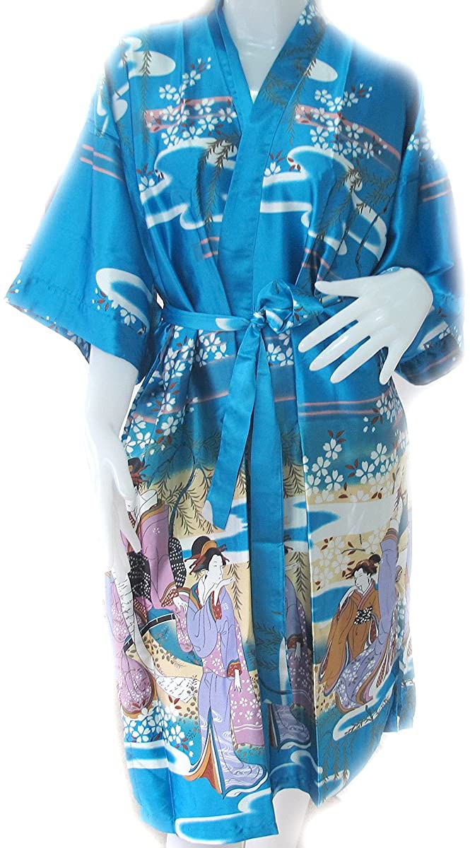 Price:$23.45 100% Thai Silk Robe- Japanese Geisha Design- Ocean Blue Color at Amazon Women’s Clothing store  Bathrobes