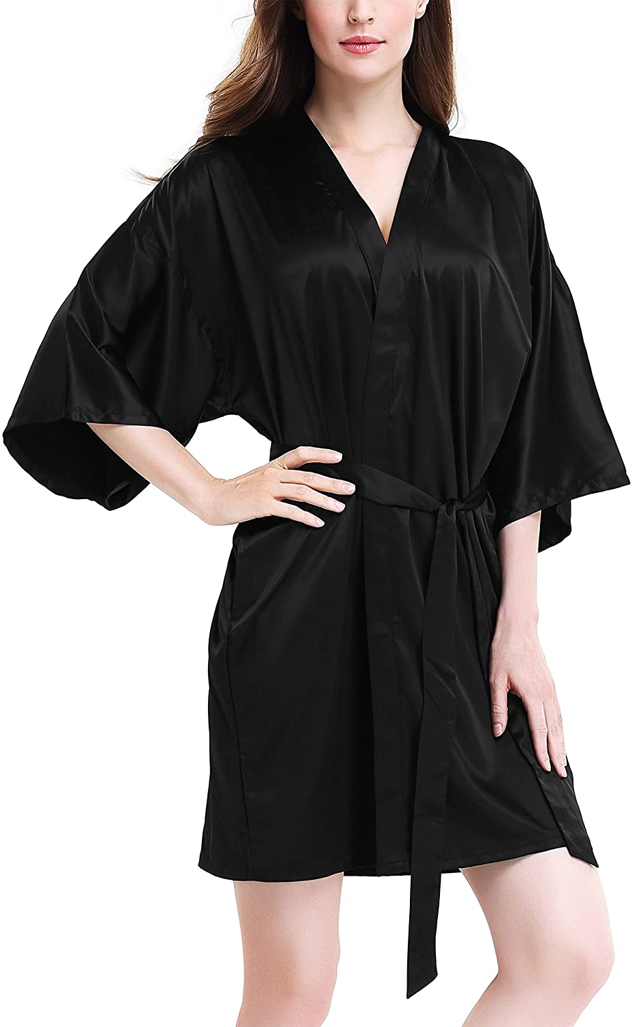 Price:$14.99 Genuwin Womens Silk Robe Kimono Robe Bridesmaid Satin Robe Knee Length Women Robes S~XL at Amazon Women’s Clothing store