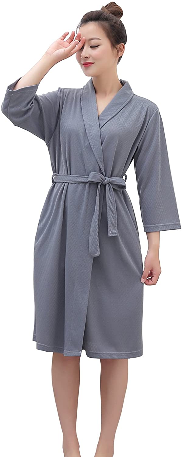 Price:$19.99 LOFIR Womens Waffle Bathrobe 3/4 Long Sleeves Kimono Lightweight Pajamas Loungewear Summer Hotel SPA Robe with Belt Grey at Amazon Women’s Clothing store