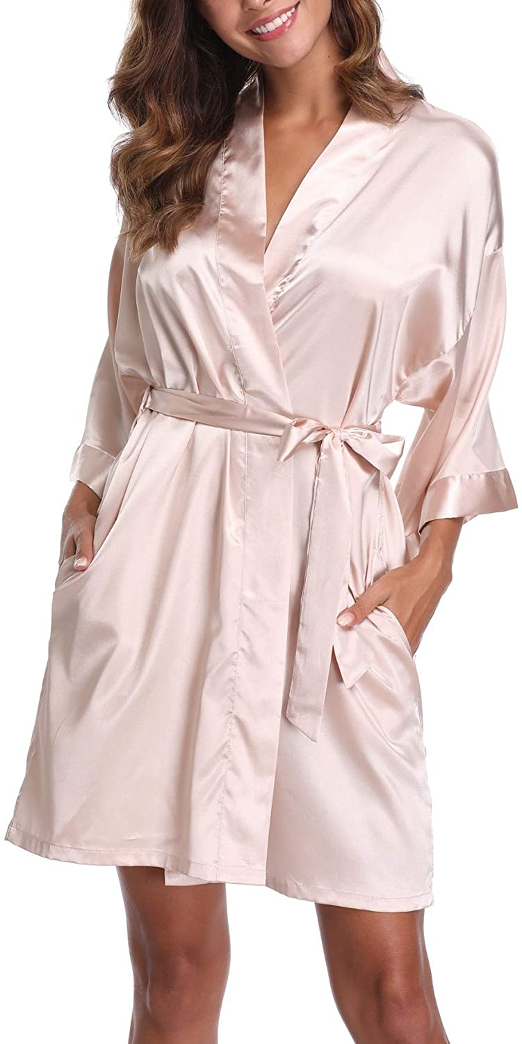 Price:$12.99 FADSHOW Short Bridal Kimono Robe Dressing Gown with Rhinestone for Bride and Bridesmaids at Amazon Women’s Clothing store