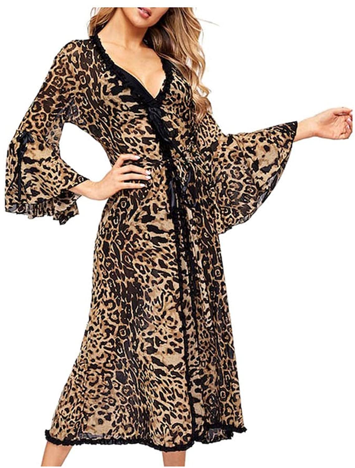 Price:$40.00 Sleepwear Women Sexy Bathrobe Leopard Kimono Winter Mesh Nightwear Bathroom Spa Robe at Amazon Women’s Clothing store