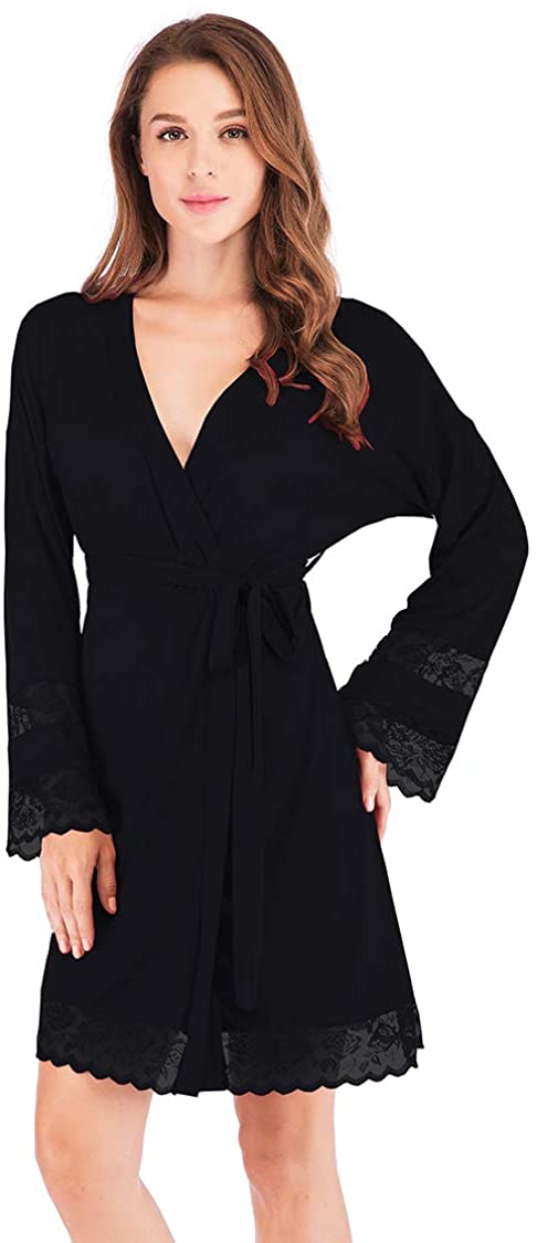 Price:$32.99 Felusema Women's Pajama Long Robe, Sexy Sleepwear Trimmed with lace, Relaxed fit with Outer tie Belt at Amazon Women’s Clothing store