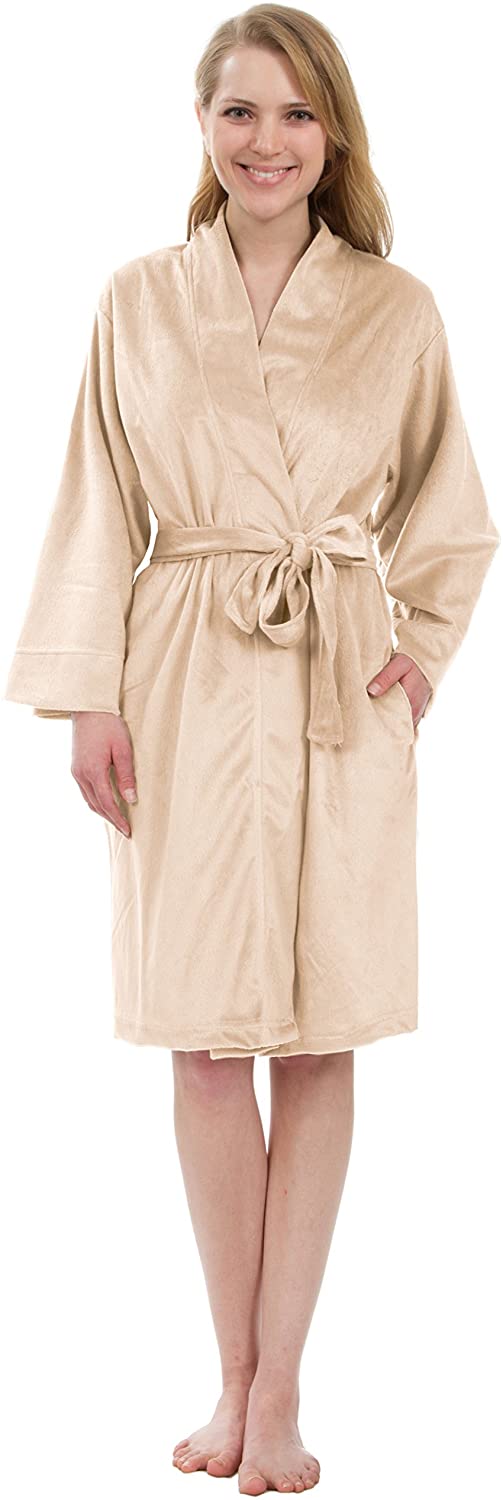 Price:$27.86 Leisureland Women's Ultra Soft Velvet Fleece Robe with Seam Pockets at Amazon Women’s Clothing store