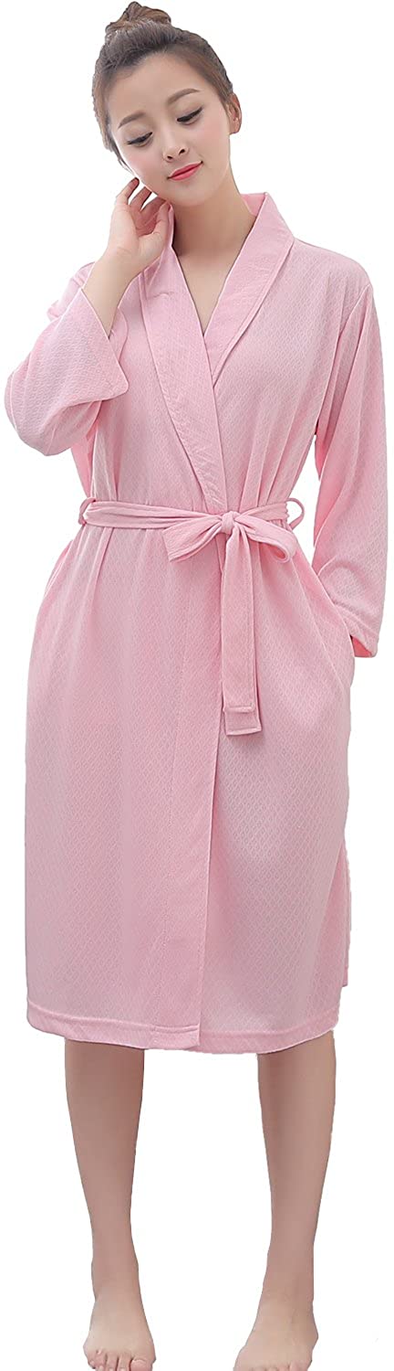 Price:$19.99 LOFIR Womens Waffle Bathrobe 3/4 Long Sleeves Kimono Lightweight Pajamas Loungewear Summer Hotel SPA Robe with Belt Cherry-Pink at Amazon Women’s Clothing store