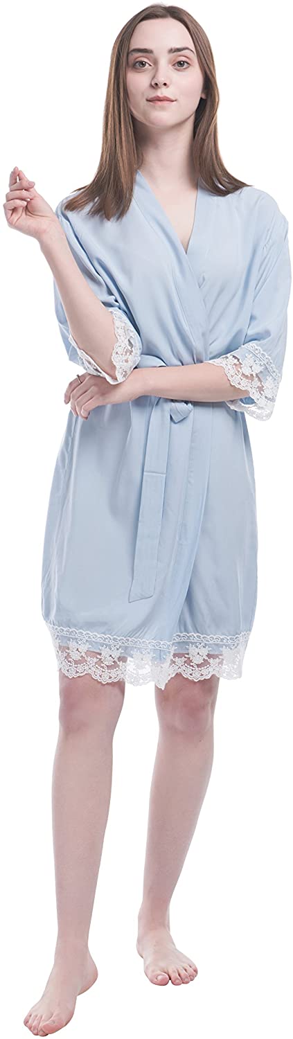 Price:$10.00 Women's Cotton Robe for Bride and Bridesmaid with Lace Trim(Light-Blue, Large) at Amazon Women’s Clothing store