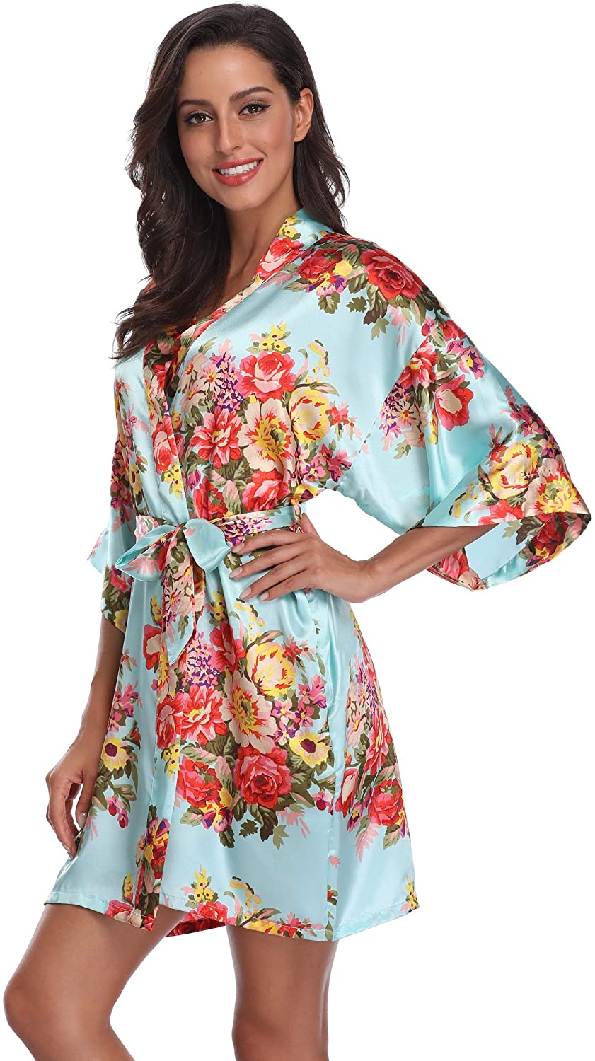 Price:$12.79 SUGAR JAN Women's Short Floral Satin Robes for Wedding Getting Ready Robe Silky Nightgowns with Pockets at Amazon Women’s Clothing store