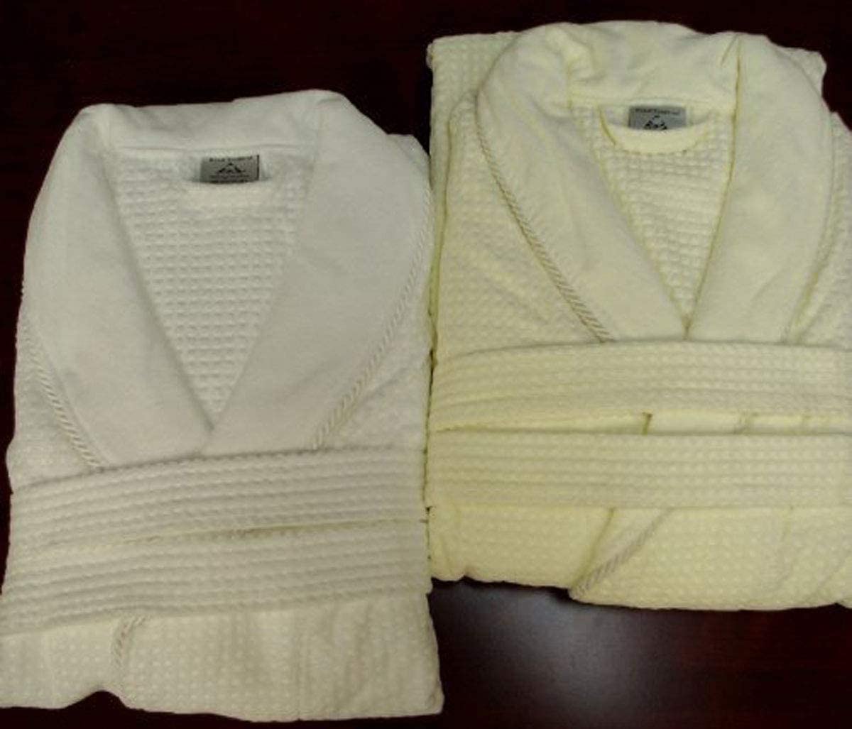 Price:$44.99    Waffle Weave Bath Robe with Jacquard Velour Shawl Collar, 100% Cotton, Off-White  Clothing