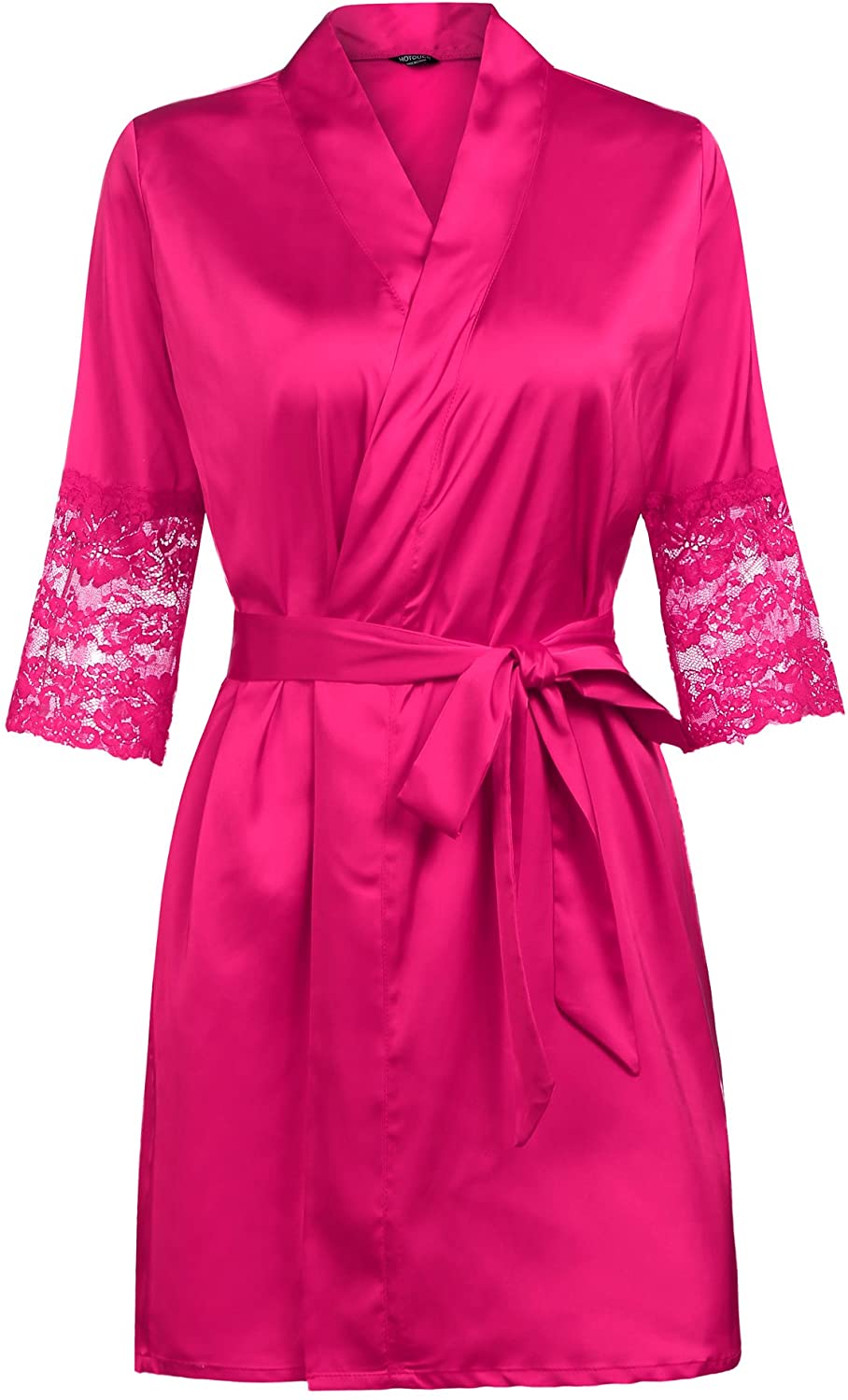 Price:$16.99 MAXMODA Women's Short Kimono Robe Lingerie Bridal Silky Lace Trim Satin Sleepwear 4 Color M-XXL at Amazon Women’s Clothing store