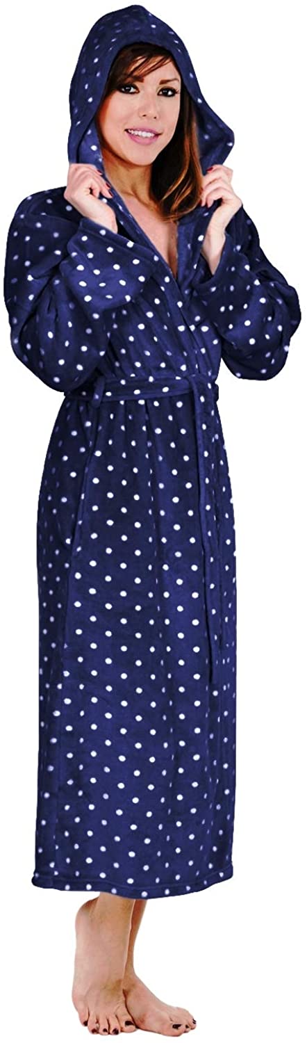 Price:$33.97 Hoodie Robe Plush Hooded Robe Spa Bathrobe Hoody Robe Long Robe … (X-Large, Indigo Blue Polka Dot) at Amazon Women’s Clothing store