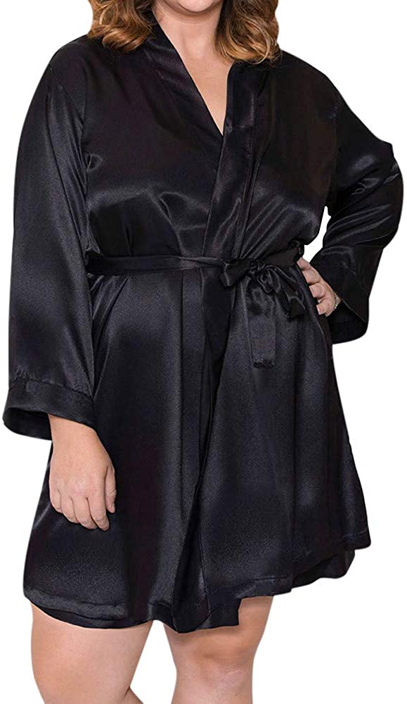 Price:$3.89 Women's Plus Size Robe Kimonos 3/4 Sleeve Satin Robes Silky Bathrobe Sleepwear with Pockets（1X-5X） at Amazon Women’s Clothing store