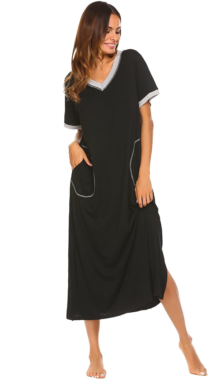 Price:$24.00 Adidome Long Cotton Nightdress Women's Victorian V Neck Short Sleeve Sleepwear Sleep Shirt Lounge Dress with Pockets at Amazon Women’s Clothing store