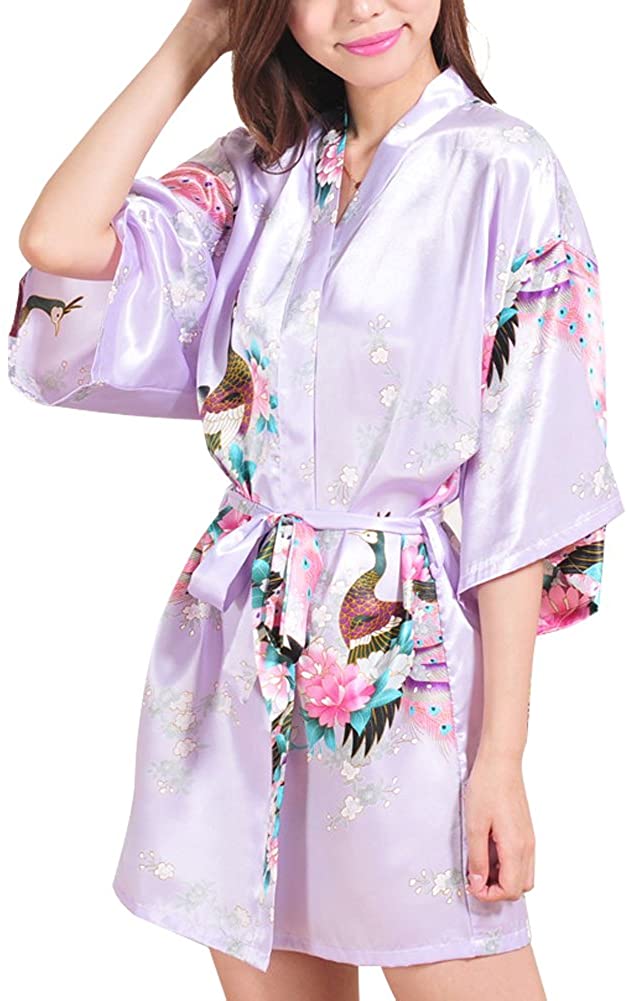 Price:$9.99 FAYBOX Bridesmaid Peacock Short Kimono Robe Wedding Satin Silk Sleepwear Light Purple M at Amazon Women’s Clothing store