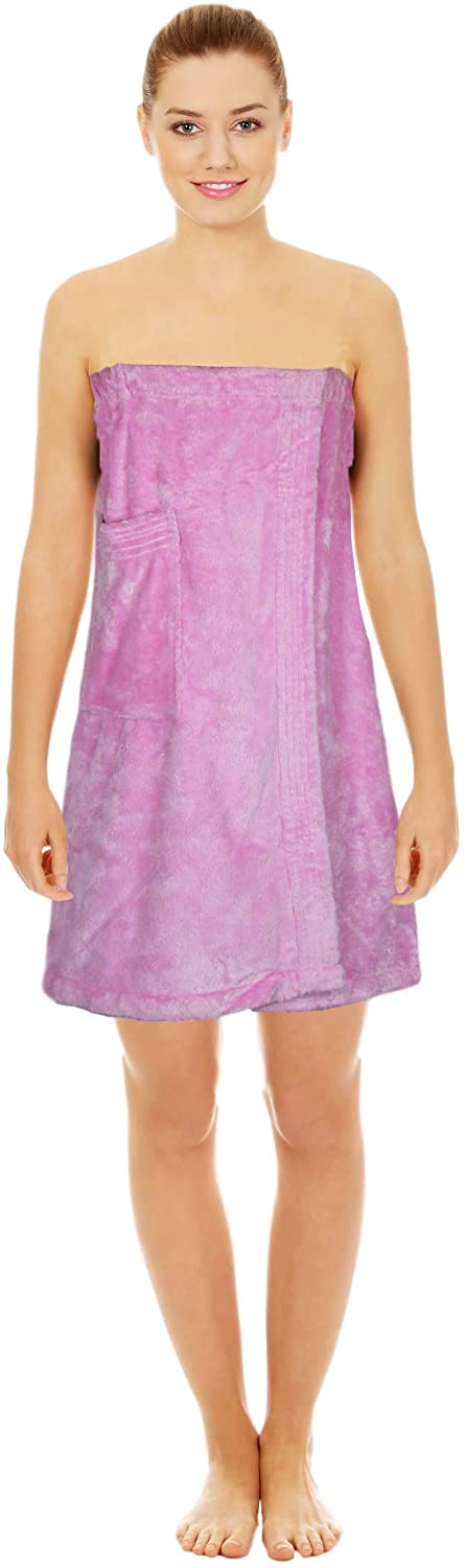 Price:$24.99 Silken Textile Women Bamboo Cotton Shower Wrap | Terry Cloth Spa Wrap Pocket Adjustable Closure at Amazon Women’s Clothing store